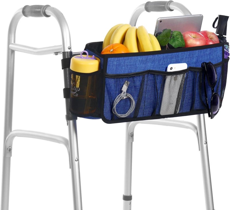 CTWWFS Upgrade Walker Basket with Cup Holder, Foldable Walker Storage Bag for seniors with Big Capacity & Never Tipping Over, Best Gift for Family (Blue) - Image 1